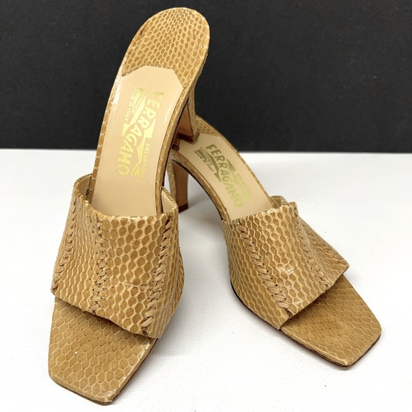 Salvatore Ferragamo tan Snake Skin-Leather slide on Heels - Picture 1 of 8